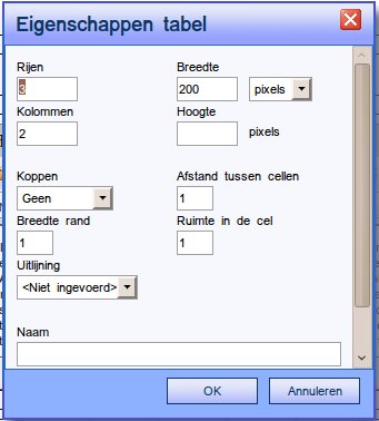 Het venster om een tabel mee toe te voegen